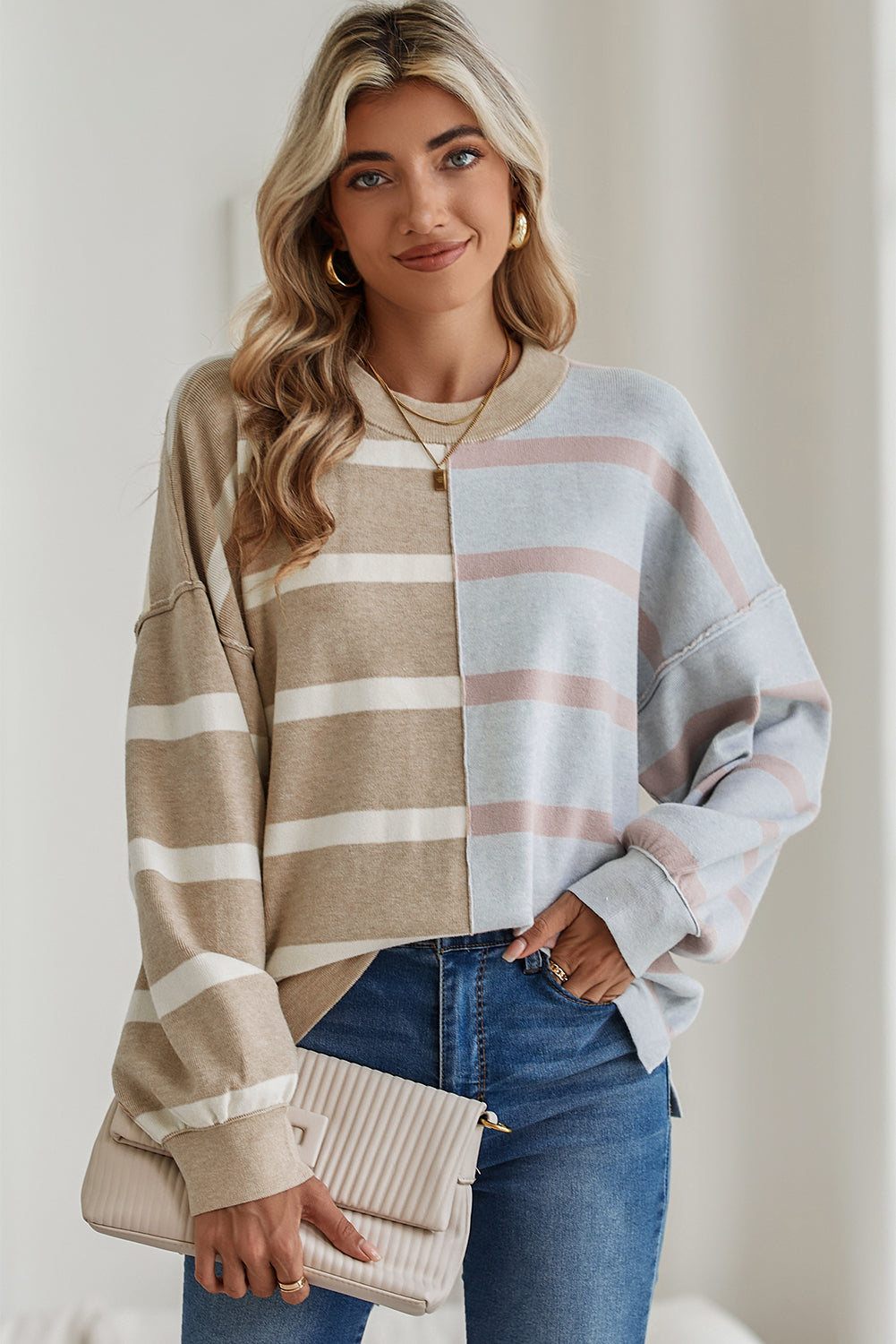 Striped Patchwork Drop Shoulder Khaki Sweater