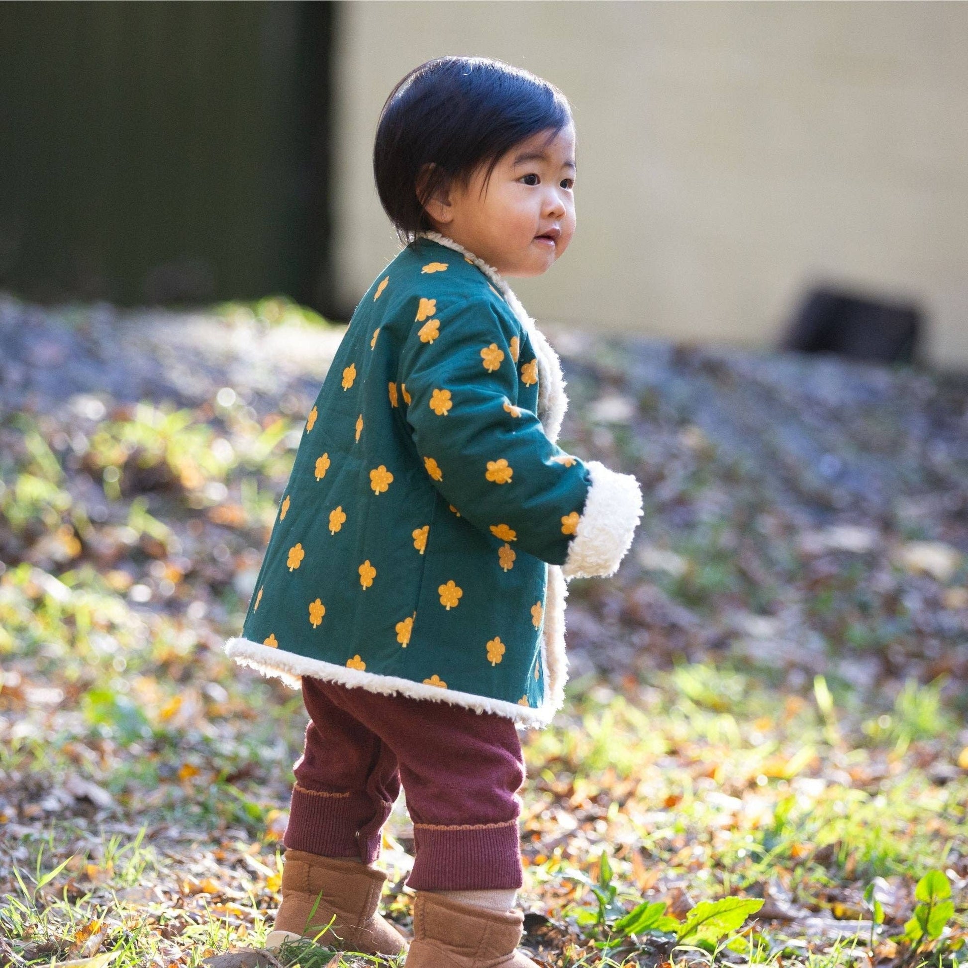 Cozy Organic Cotton Reversible Golden Leaves Print Sherpa Kids' Winter Jacket