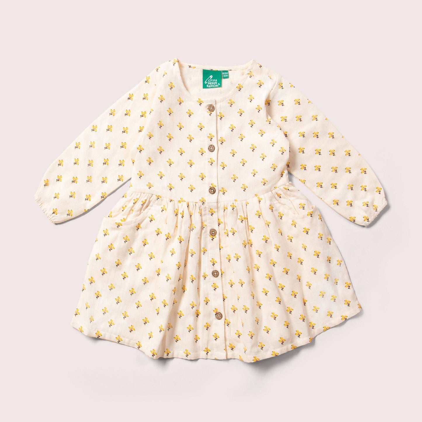 Soft Organic Golden Flowers Floral Print Comfy Pocket Dress for Kids