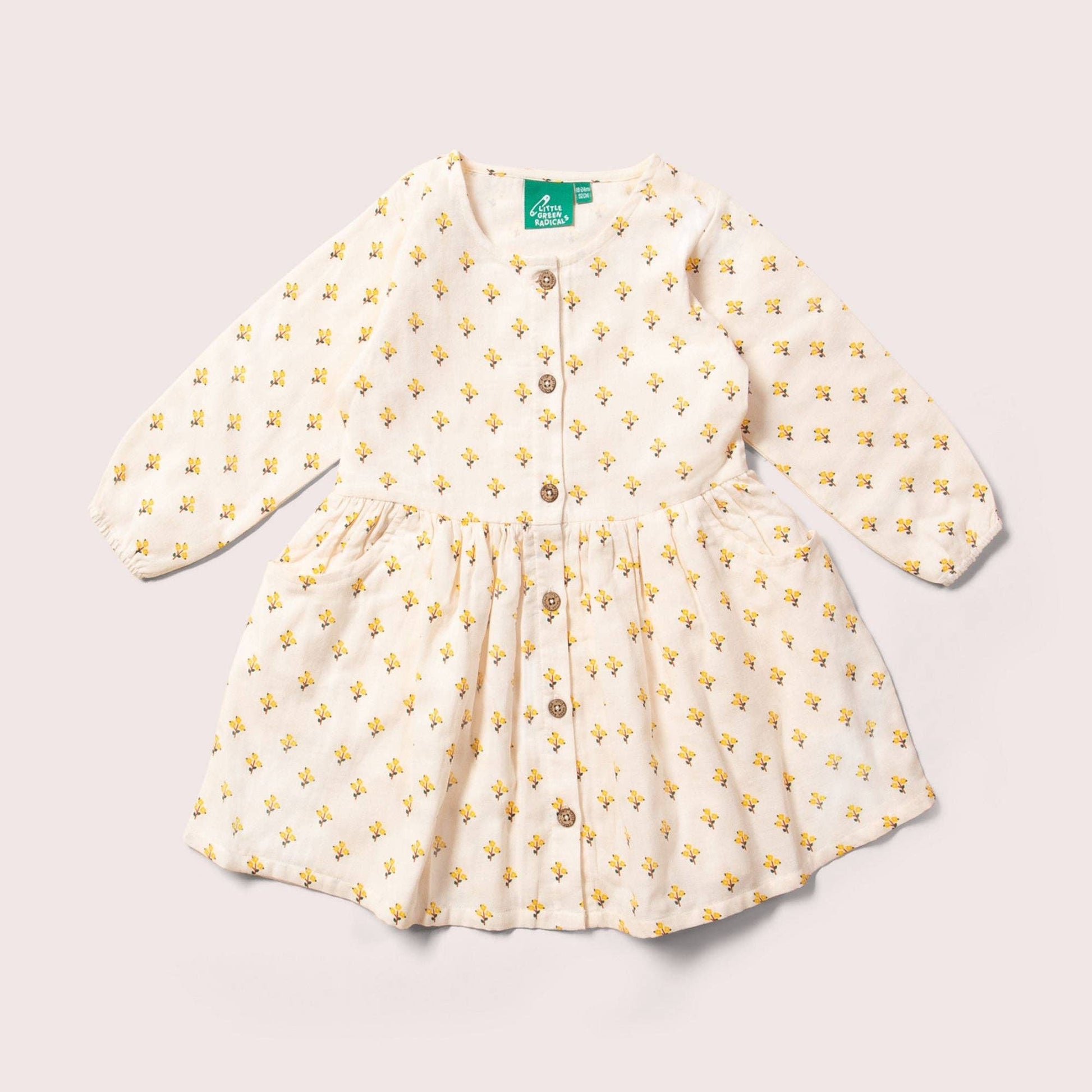 Soft Organic Golden Flowers Floral Print Comfy Pocket Dress for Kids