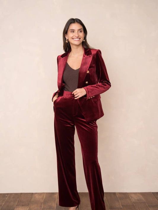 Elegant High-Waisted Straight-Cut Velvet Trousers with Side Pockets, Button Closure