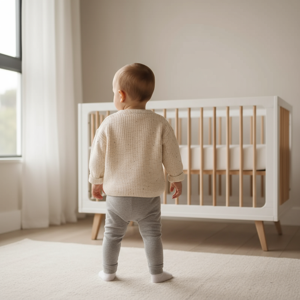 Baby back view near crib