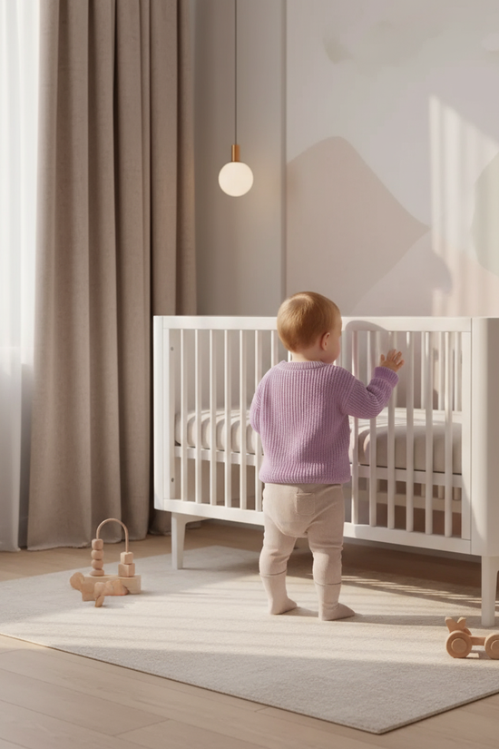 Baby back view near crib