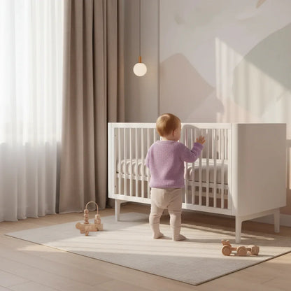 Baby back view near crib