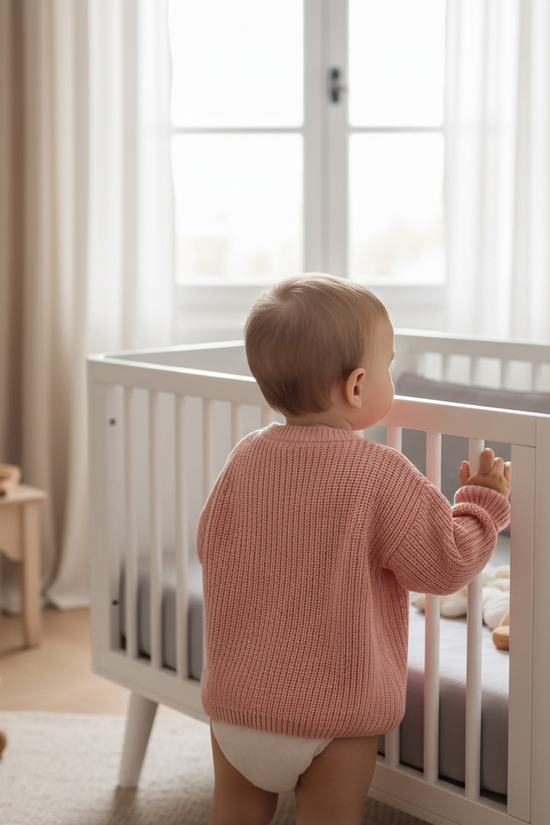 Baby back view near crib