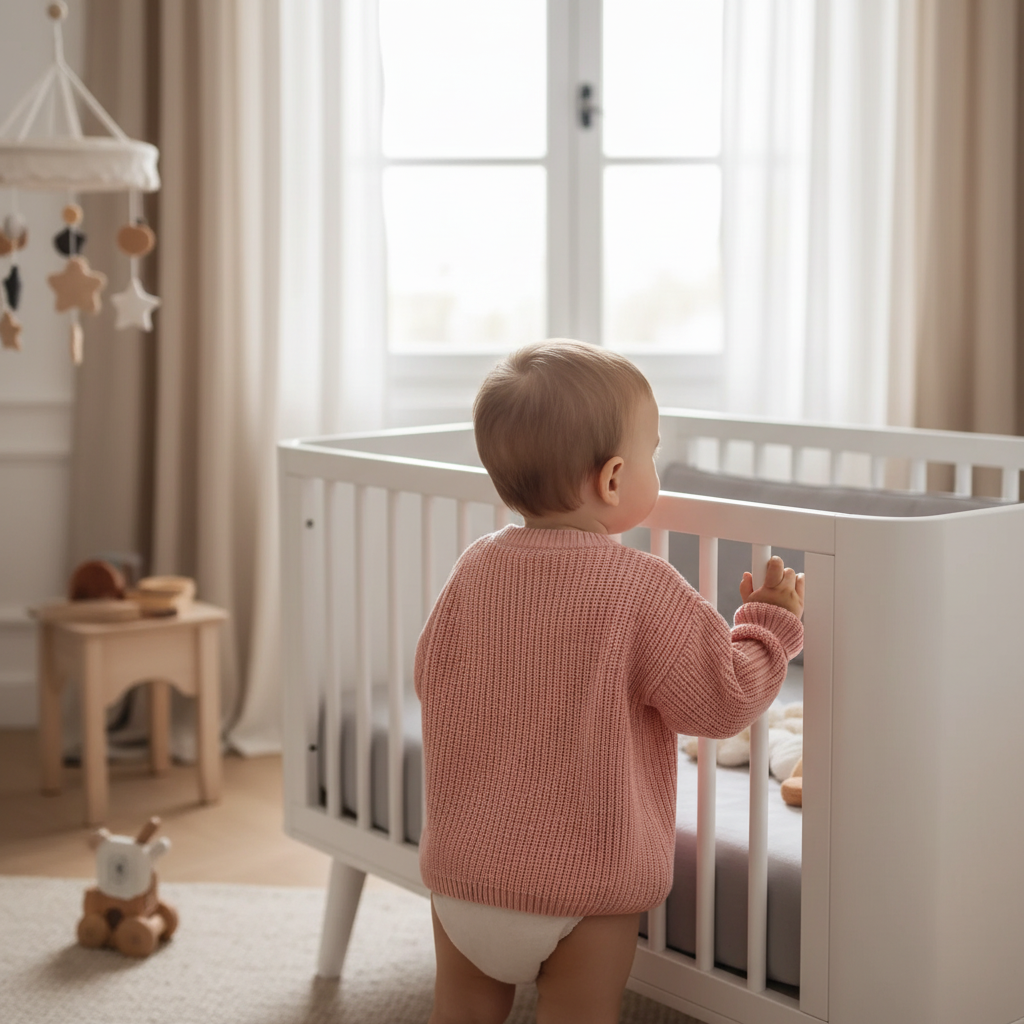 Baby back view near crib