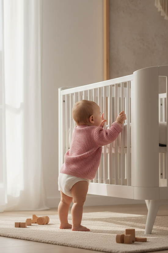 Baby back view near crib