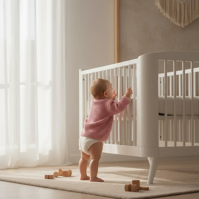 Baby back view near crib