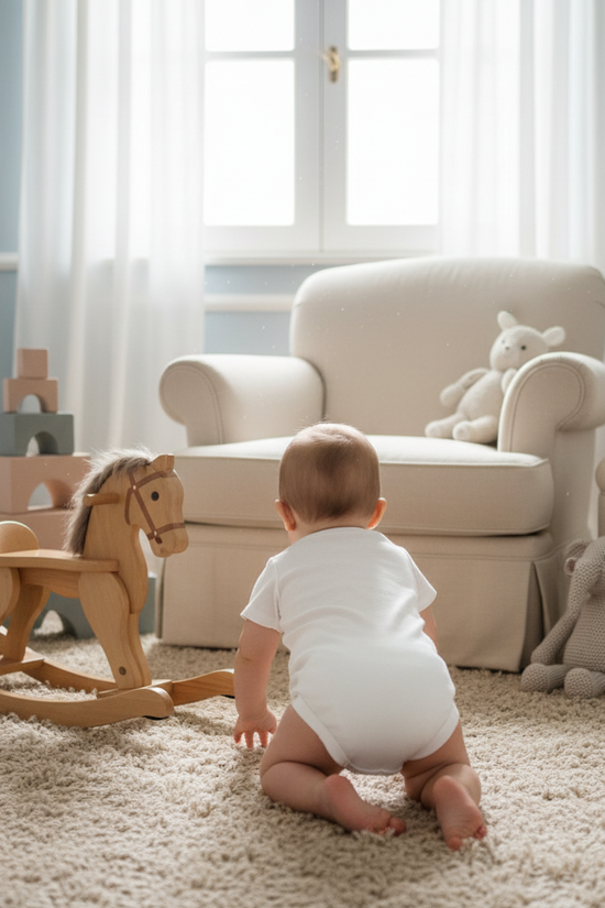 Baby boy back view in luxury room