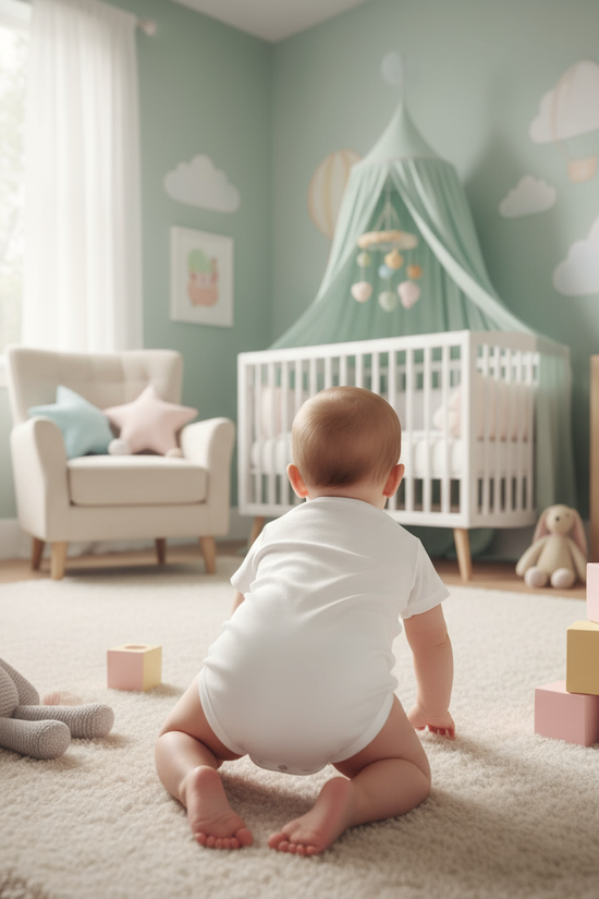 Baby boy back view in nursery