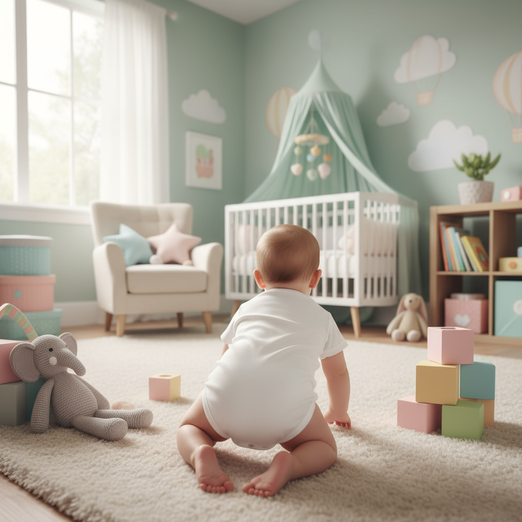 Baby boy back view in nursery