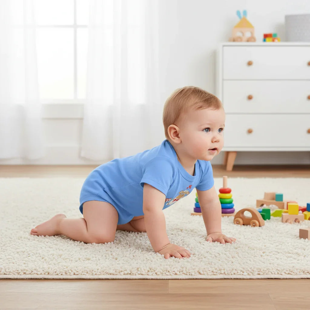 Baby boy crawling in blue onesie - back view