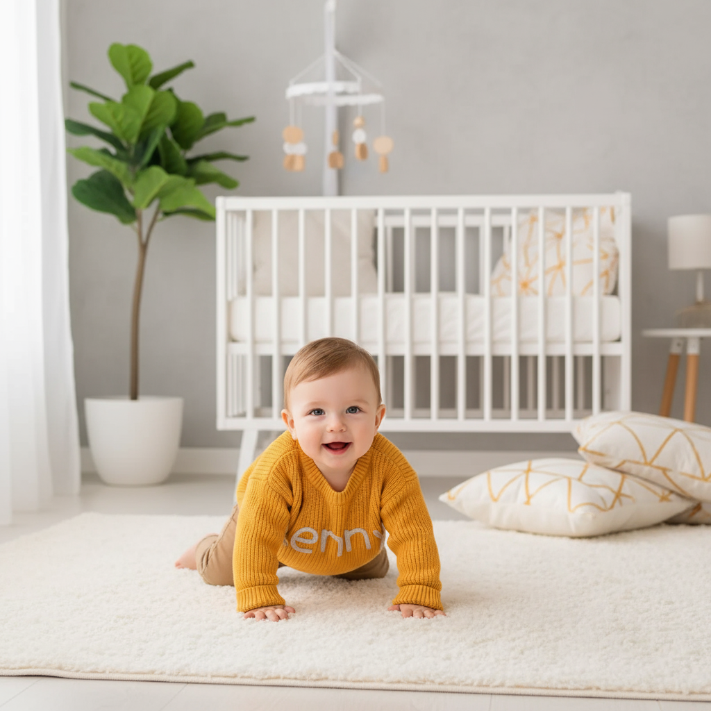 Baby boy crawling in nursery