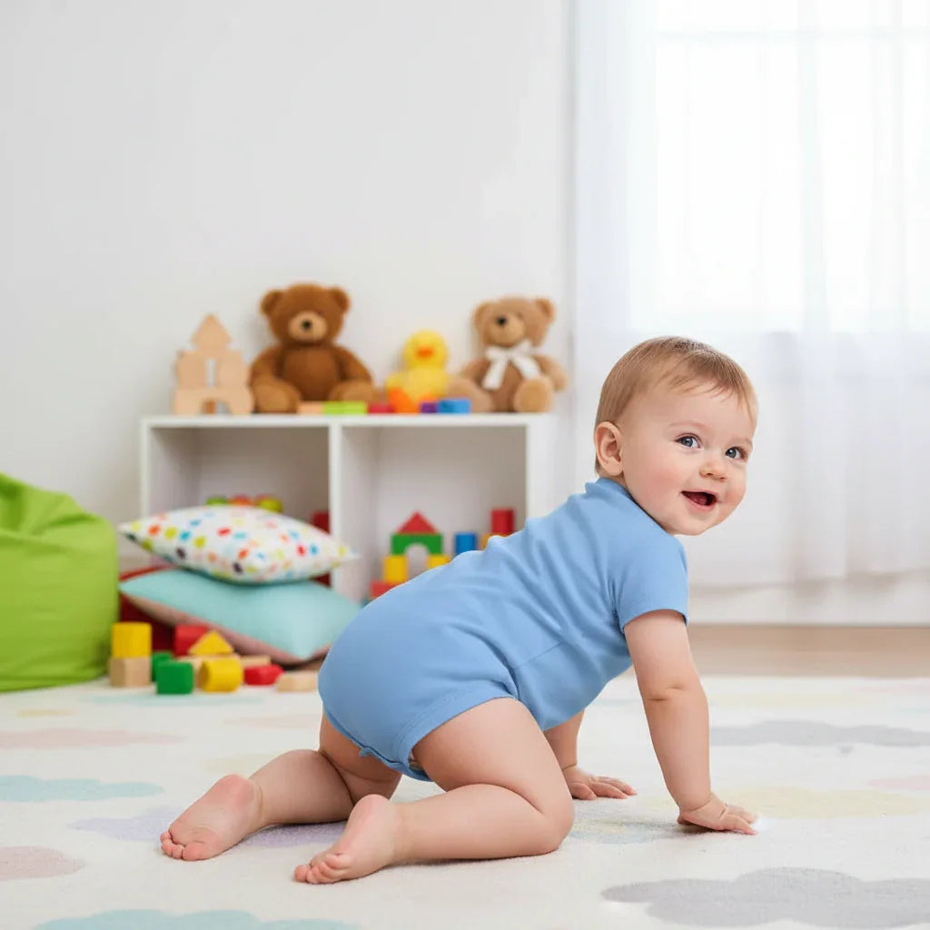 Baby boy in blue onesie - back view in children's room