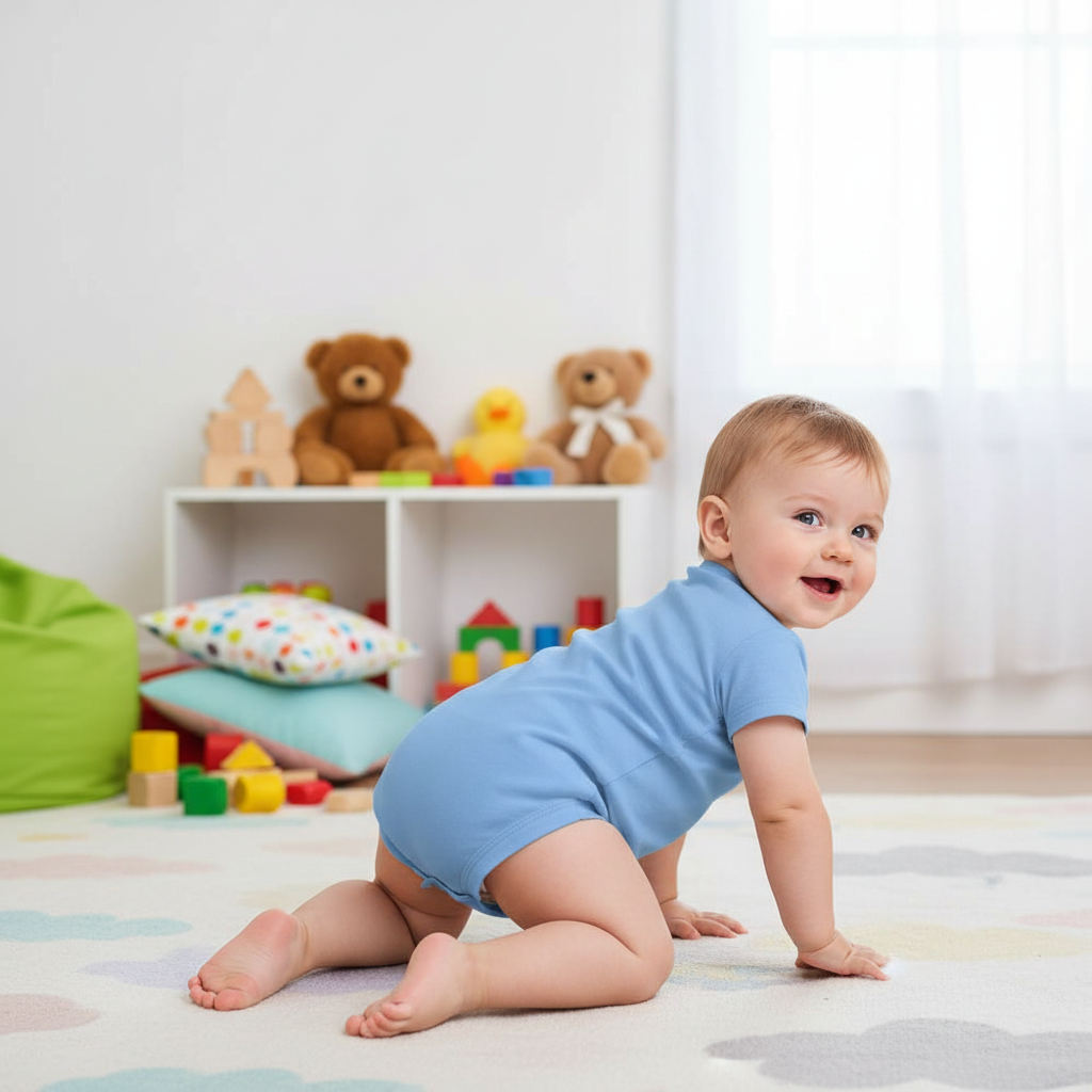 Baby boy in blue onesie - back view in children's room