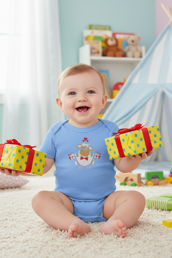 Baby boy in blue onesie - front view in children's room