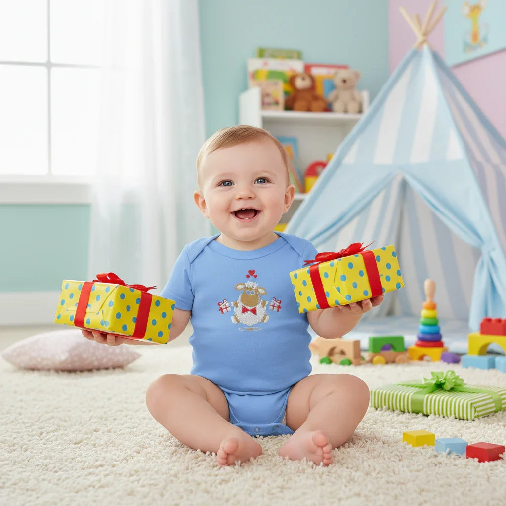 Baby boy in blue onesie - front view in children's room