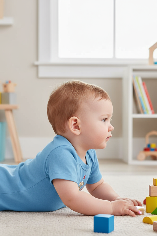 Baby boy in blue onesie - side view in children's room