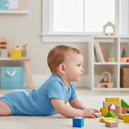 Baby boy in blue onesie - side view in children's room