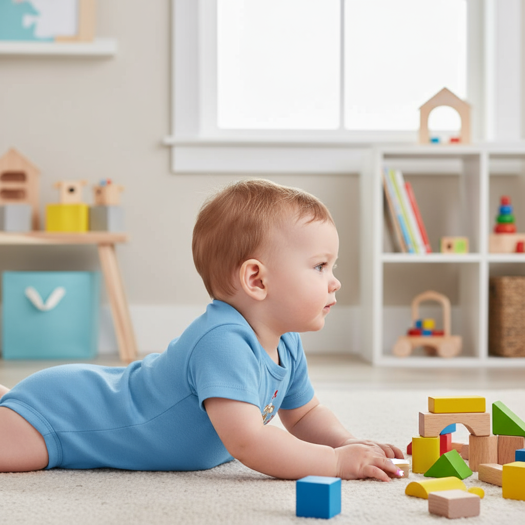 Baby boy in blue onesie - side view in children's room