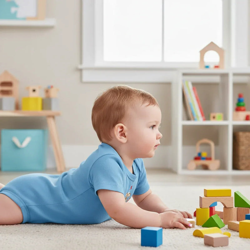 Baby boy in blue onesie - side view in children's room