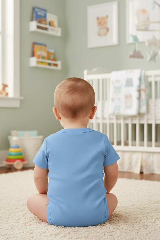 Baby boy in nursery wearing blue onesie - back view