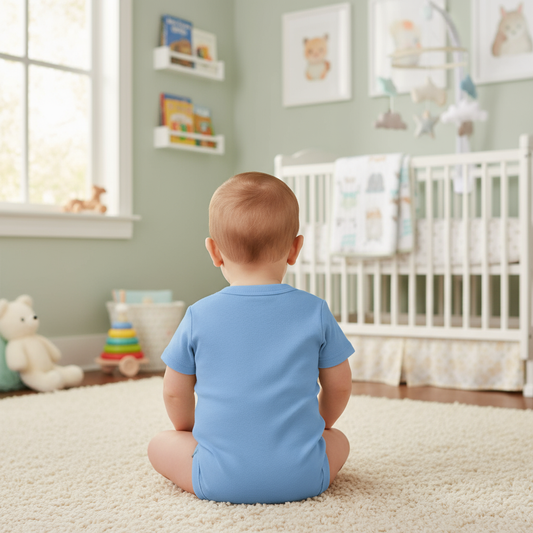 Baby boy in nursery wearing blue onesie - back view