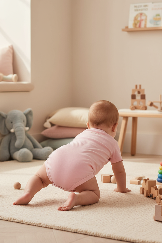 Baby boy in pink onesie - back view crawling in playroom