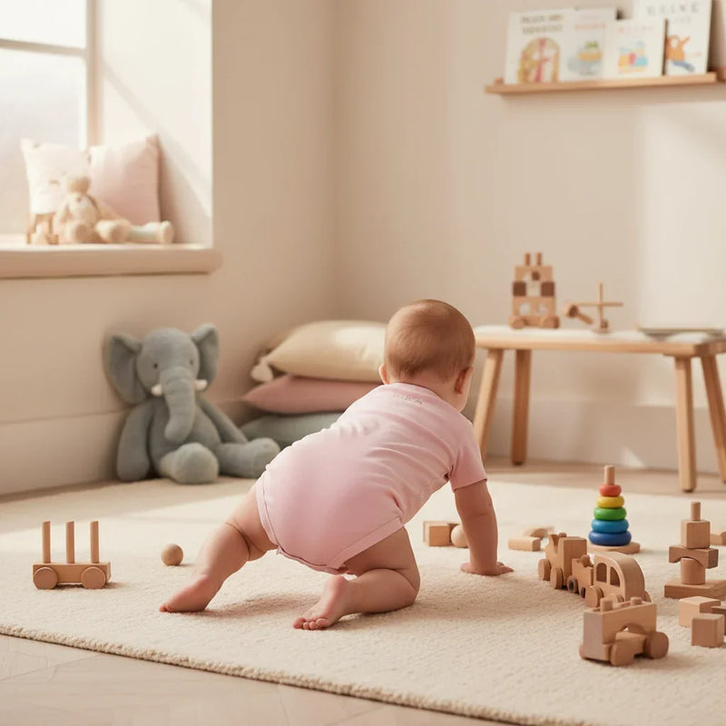 Baby boy in pink onesie - back view crawling in playroom