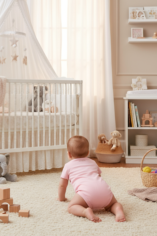 Baby boy in pink onesie - back view in nursery