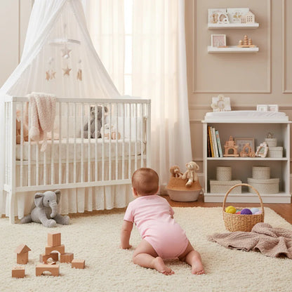 Baby boy in pink onesie - back view in nursery