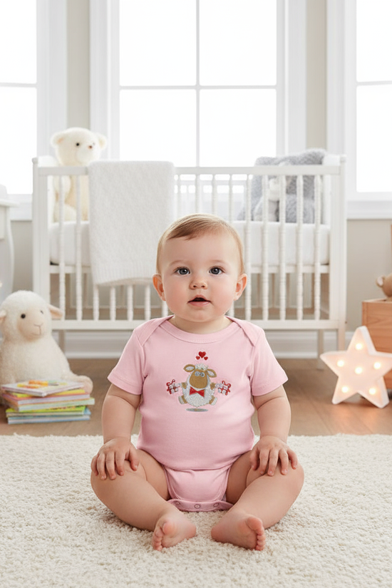 Baby boy in pink onesie - front view in nursery
