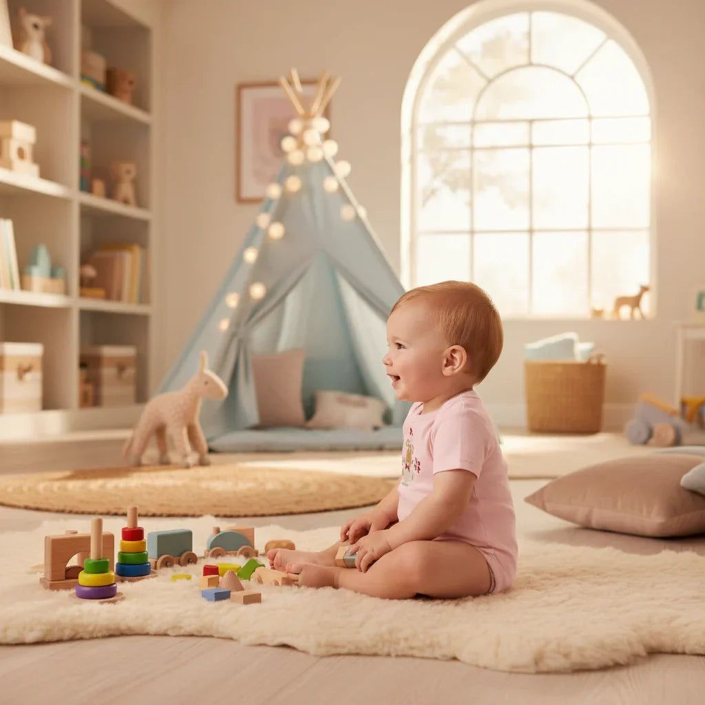 Baby boy in pink onesie - side view in playroom