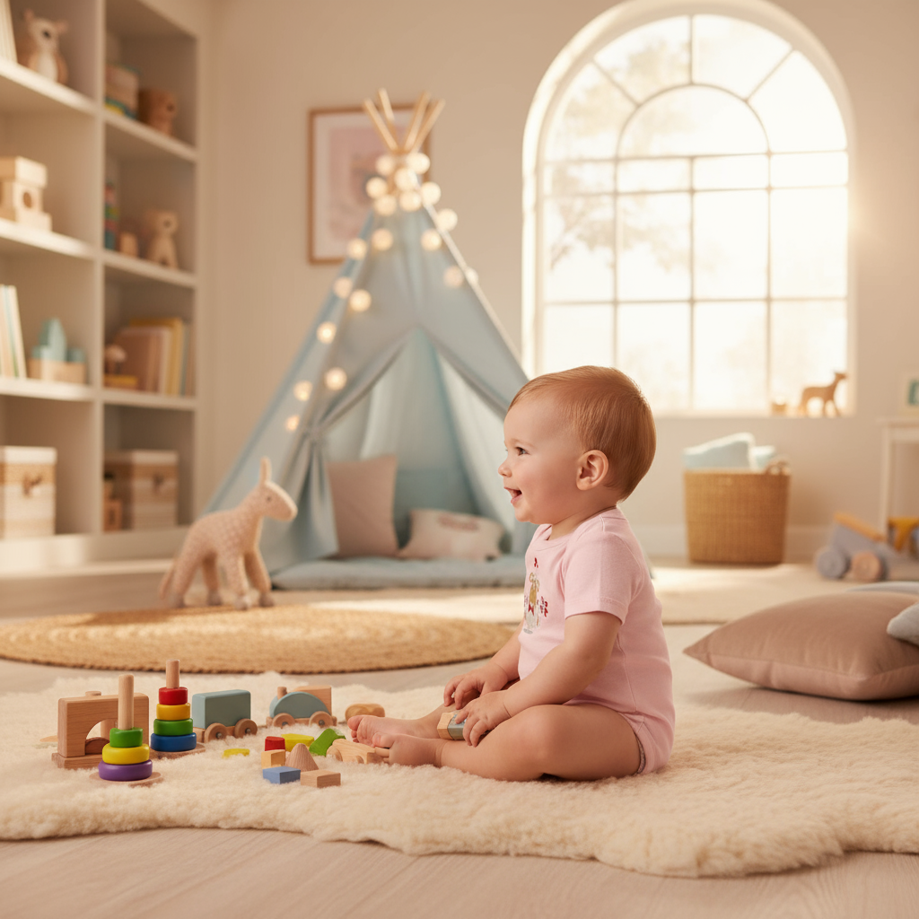 Baby boy in pink onesie - side view in playroom