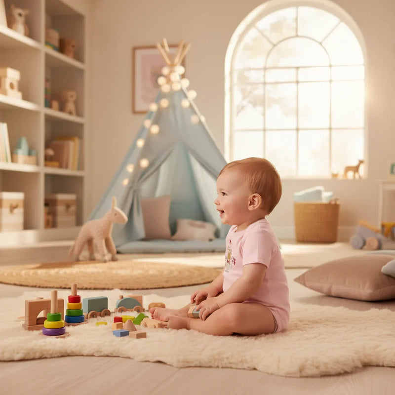 Baby boy in pink onesie - side view in playroom