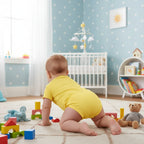 Baby boy in yellow onesie - back view