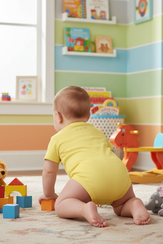 Baby boy in yellow onesie - back view
