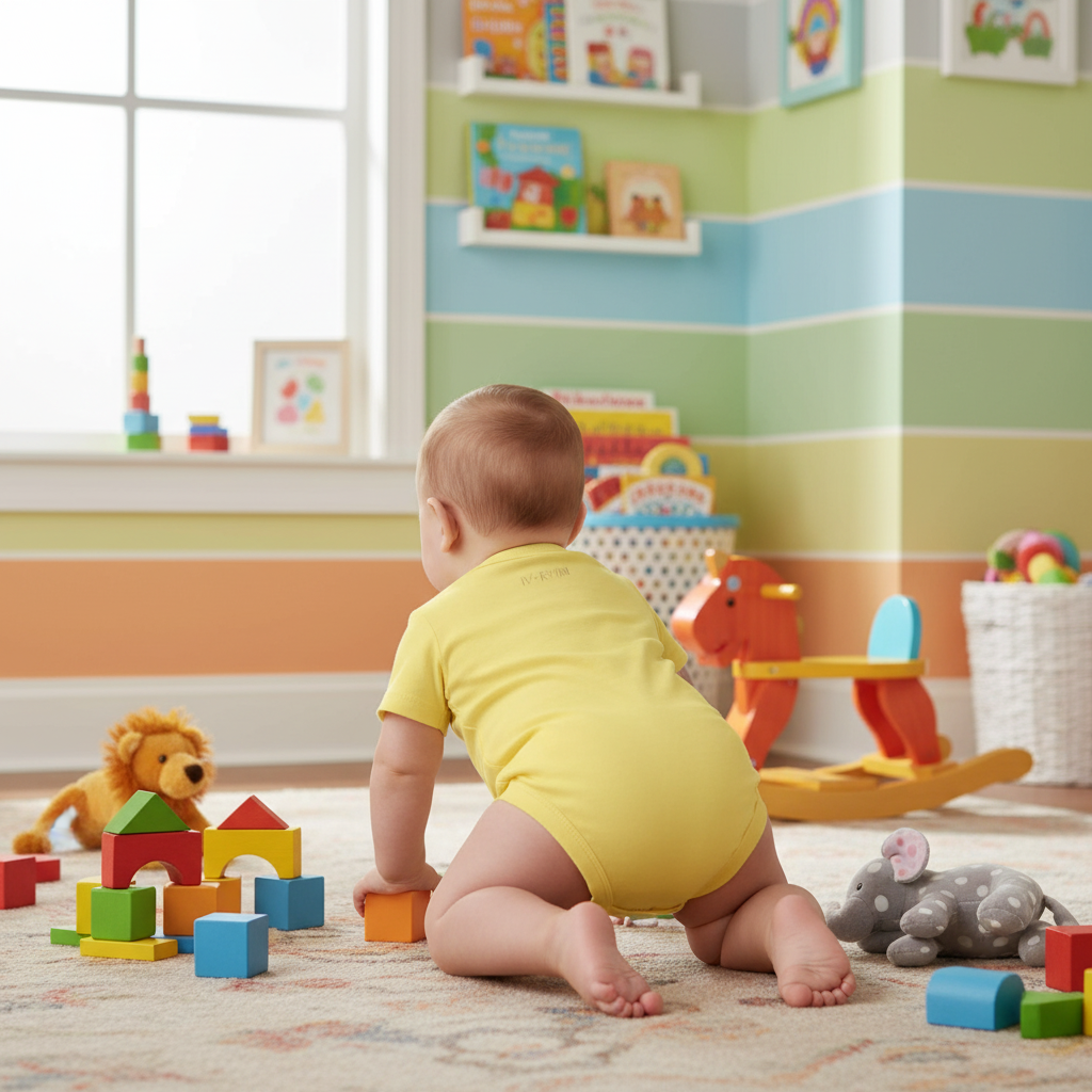 Baby boy in yellow onesie - back view