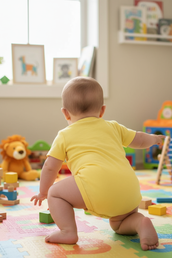 Baby boy in yellow onesie - crawling back view