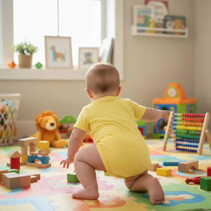 Baby boy in yellow onesie - crawling back view