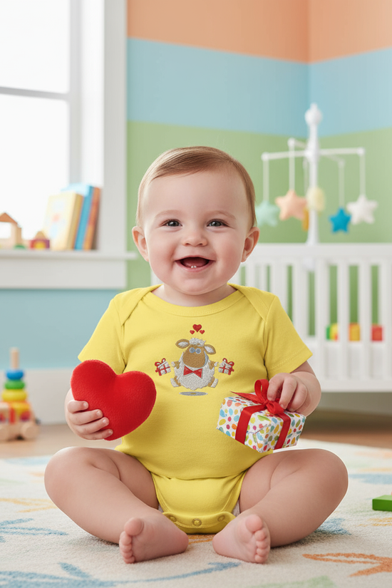 Baby boy in yellow onesie - front view