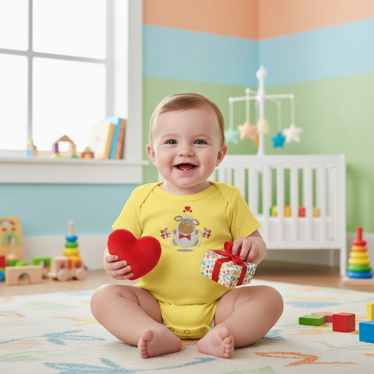 Baby boy in yellow onesie - front view