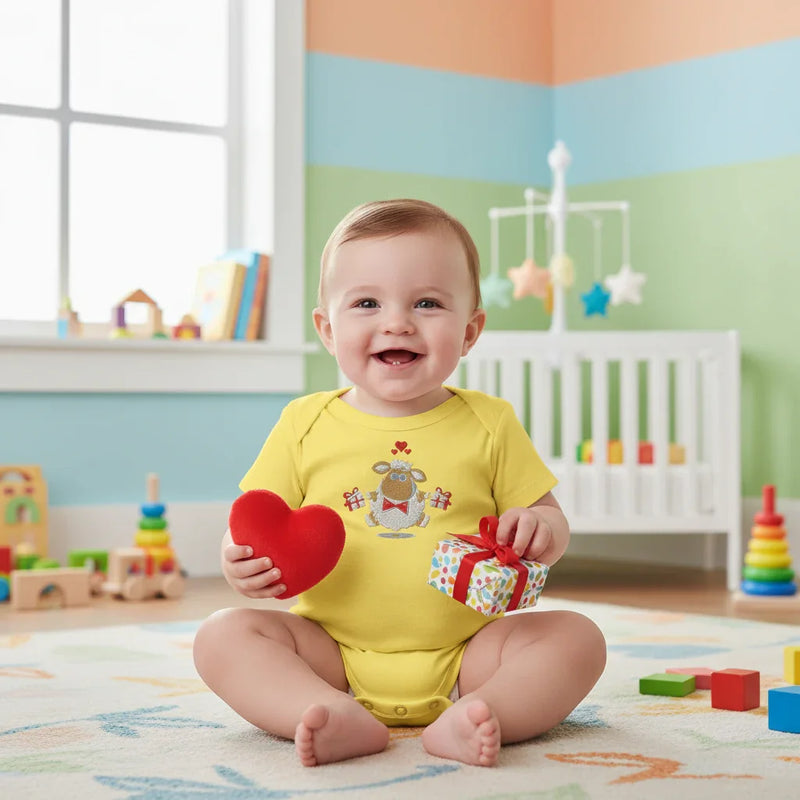 Baby boy in yellow onesie - front view