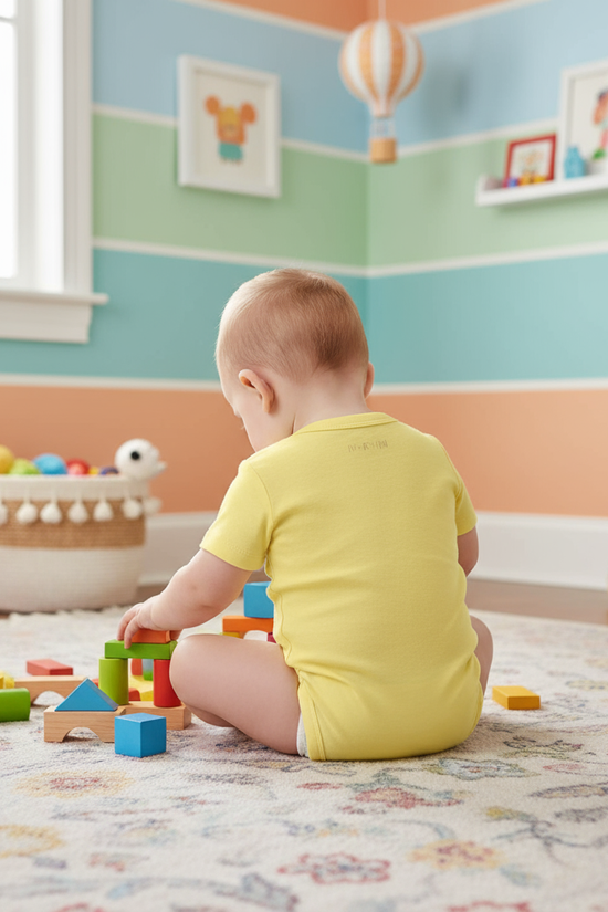 Baby boy in yellow onesie - playing back view