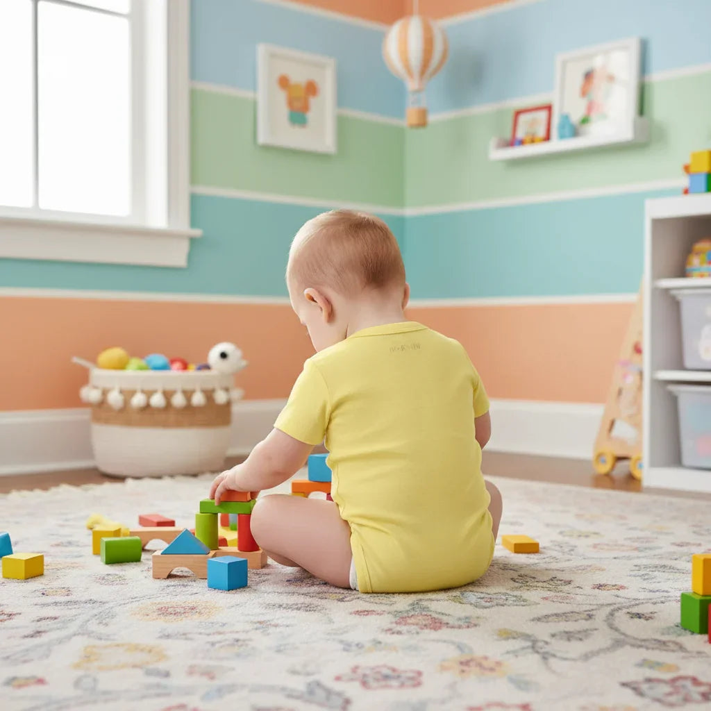Baby boy in yellow onesie - playing back view