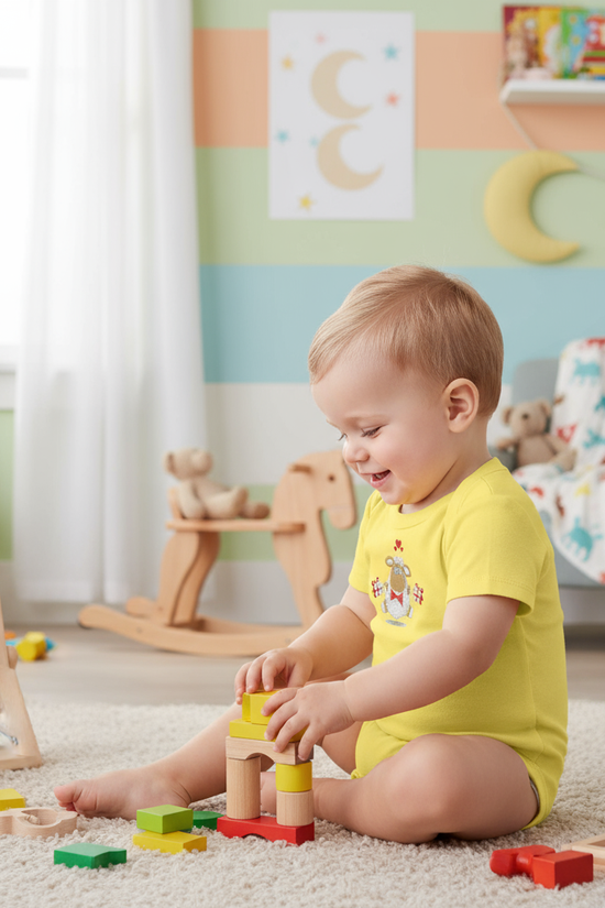 Baby boy in yellow onesie - side view