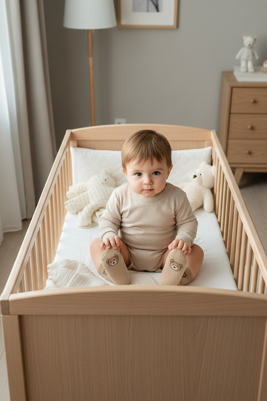 Baby boy sitting cross-legged wearing bear socks