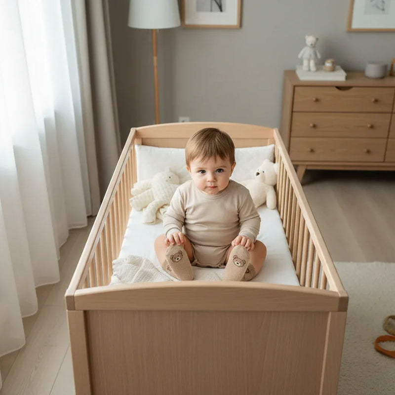 Baby boy sitting cross-legged wearing bear socks