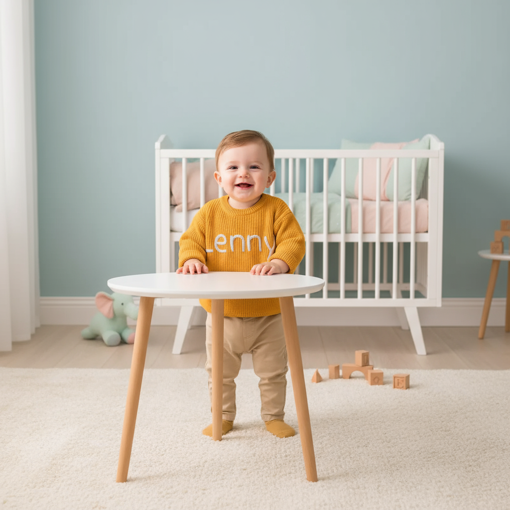 Baby boy standing in modern nursery