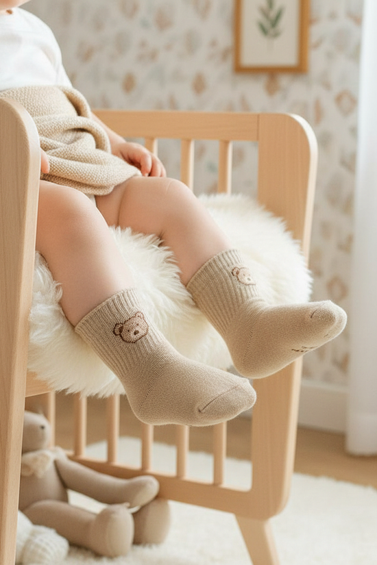 Baby boy wearing bear socks in crib